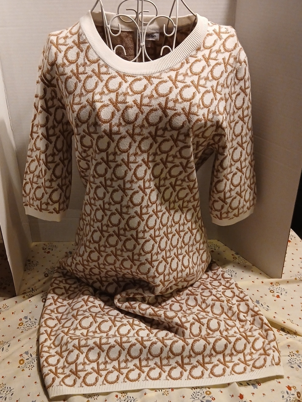 Calvin Klein Cream and Tan Logo-Pattern Knit Midi Dress